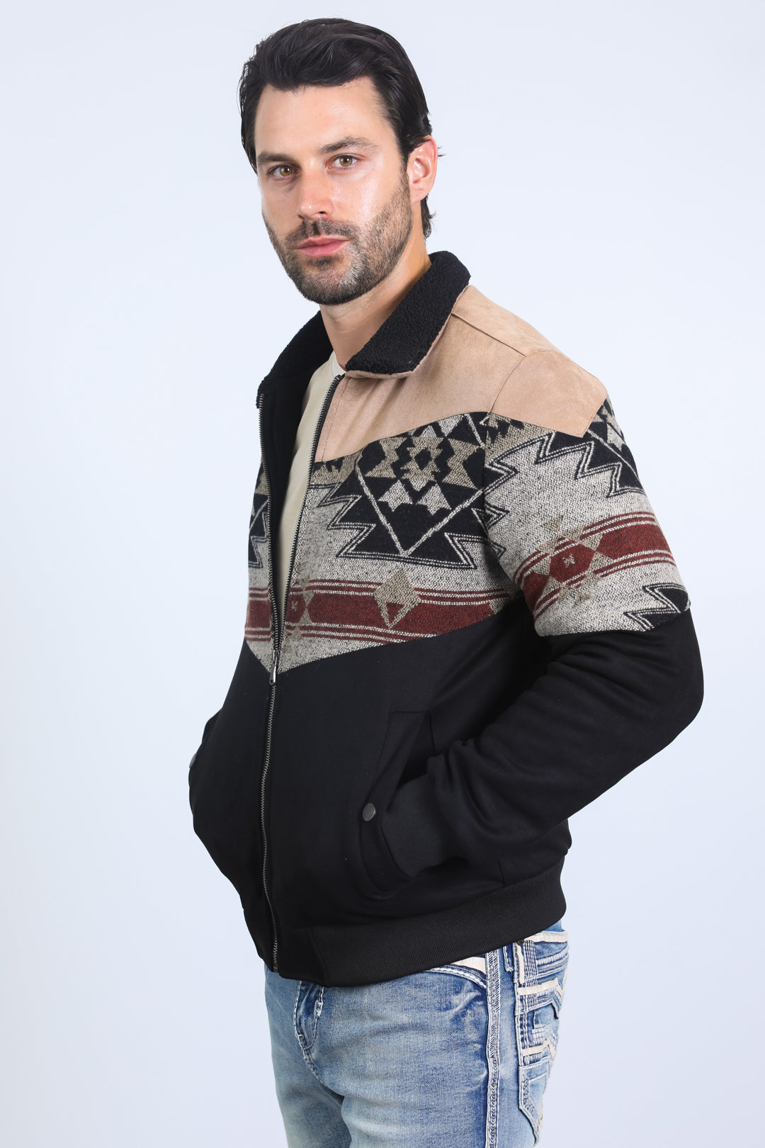 Men’s Tribal Aztec Quilted Jacket – Black & Beige Twill with Suede Touch - S
