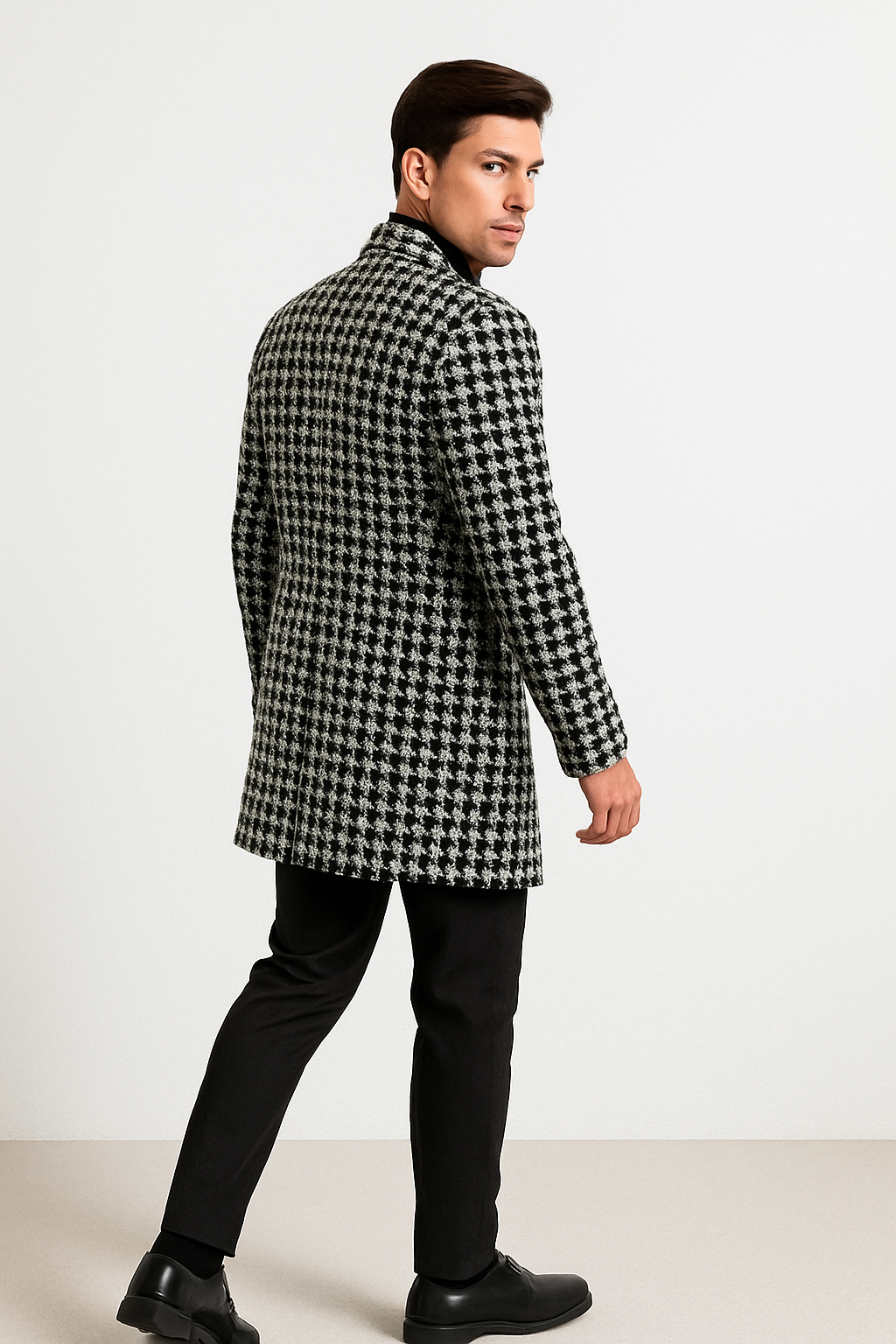 Men Houndstooth Lapel Collar Single Breasted Tweed Overcoat - Coat Size 38