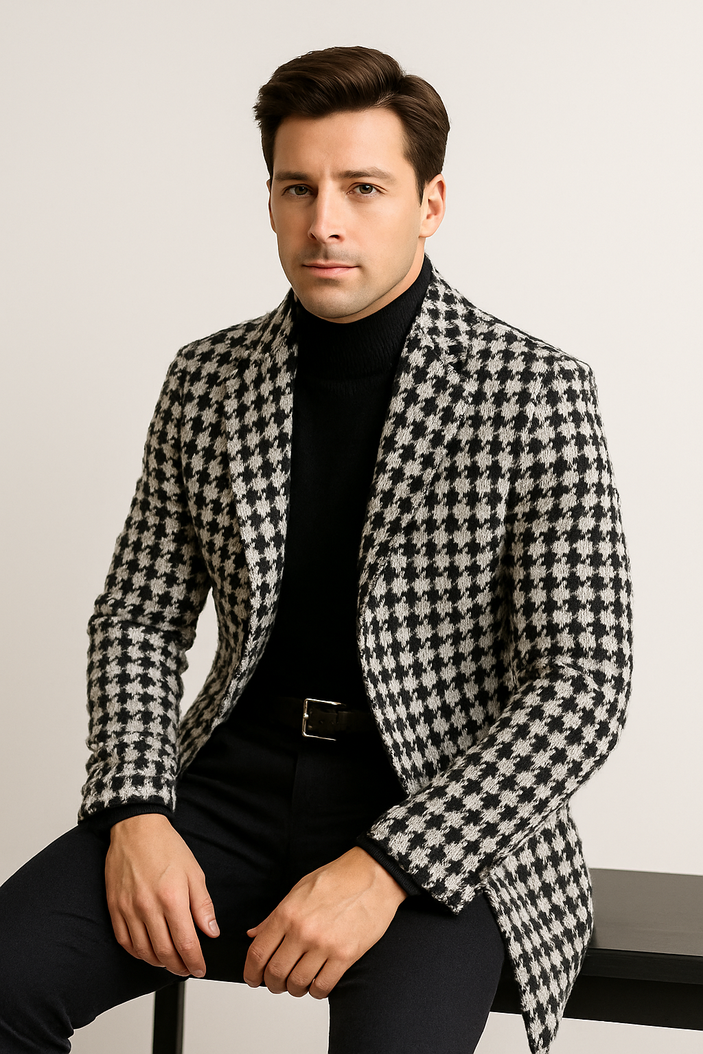 Men Houndstooth Lapel Collar Single Breasted Tweed Overcoat - Coat Size 38