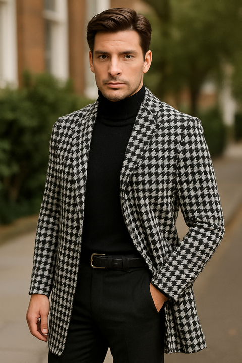 Men Houndstooth Lapel Collar Single Breasted Tweed Overcoat