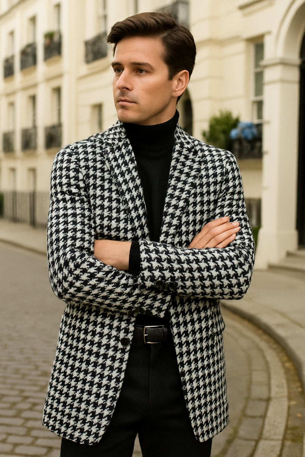 Men Houndstooth Lapel Collar Single Breasted Tweed Overcoat - Coat Size 38