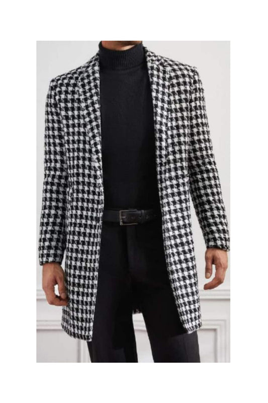 Men Houndstooth Lapel Collar Single Breasted Tweed Overcoat