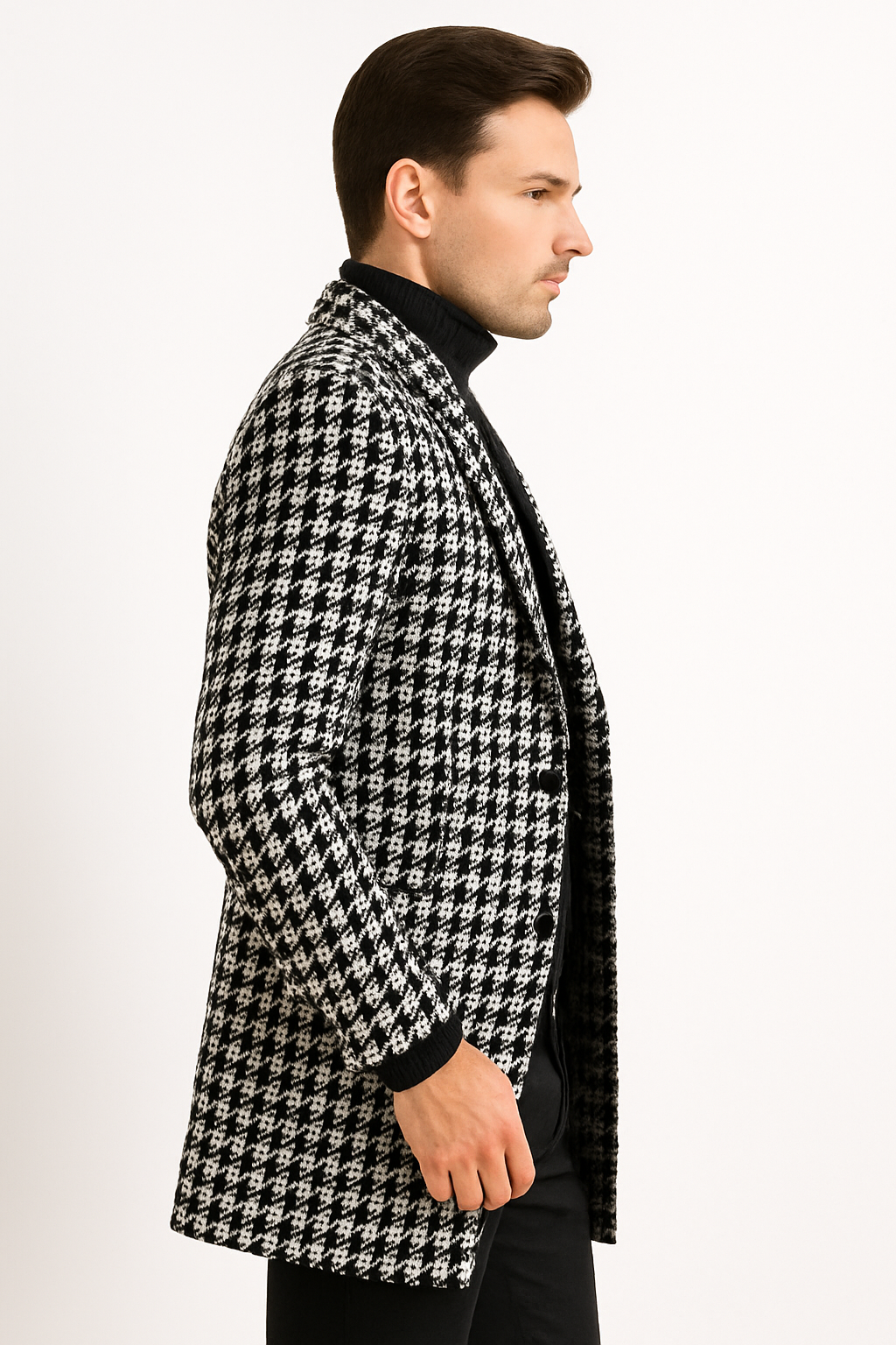 Men Houndstooth Lapel Collar Single Breasted Tweed Overcoat - Coat Size 38