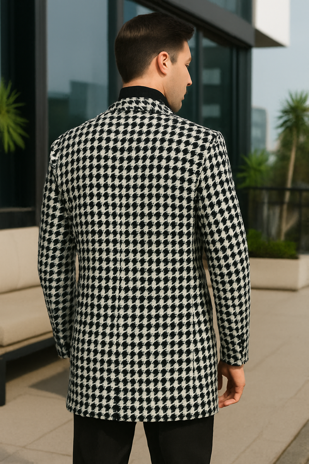 Men Houndstooth Lapel Collar Single Breasted Tweed Overcoat - Coat Size 38