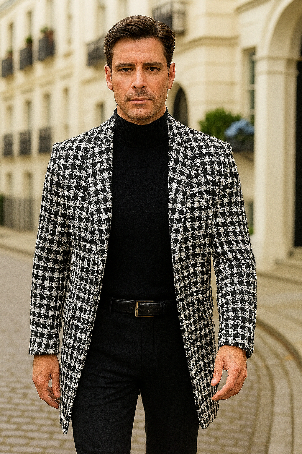 Men Houndstooth Lapel Collar Single Breasted Tweed Overcoat - Coat Size 38