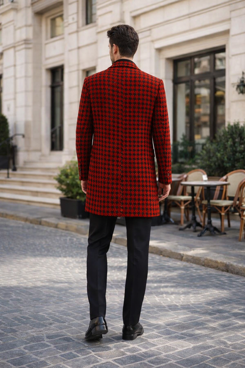Men Houndstooth Lapel Collar Single Breasted Tweed Overcoat Black and Red