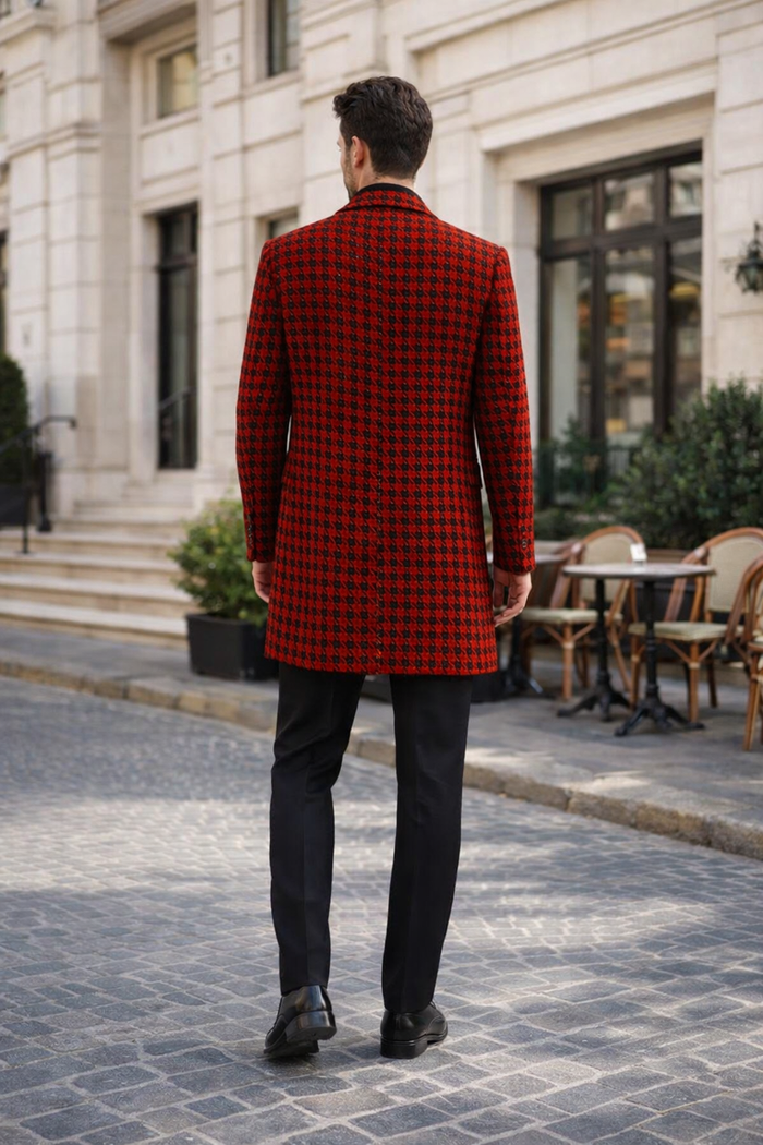 Men Houndstooth Lapel Collar Single Breasted Tweed Overcoat Black and Red