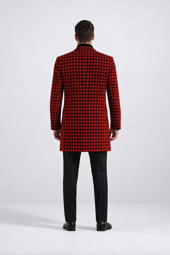 Men Houndstooth Lapel Collar Single Breasted Tweed Overcoat Black and Red