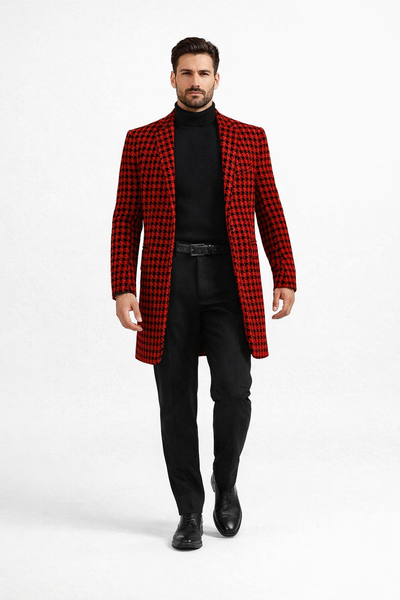 Men Houndstooth Lapel Collar Single Breasted Tweed Overcoat Black and Red