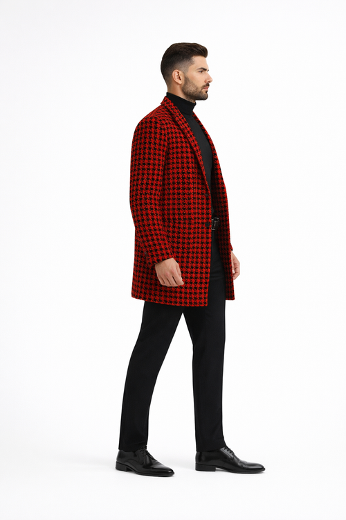 Men Houndstooth Lapel Collar Single Breasted Tweed Overcoat Black and Red