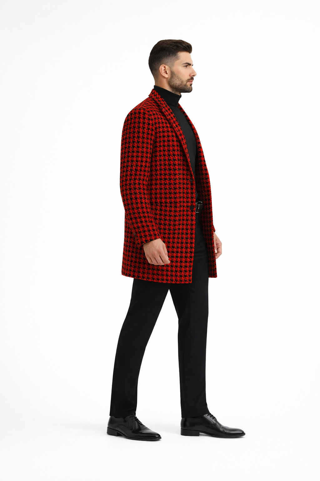 Men Houndstooth Lapel Collar Single Breasted Tweed Overcoat Black and Red