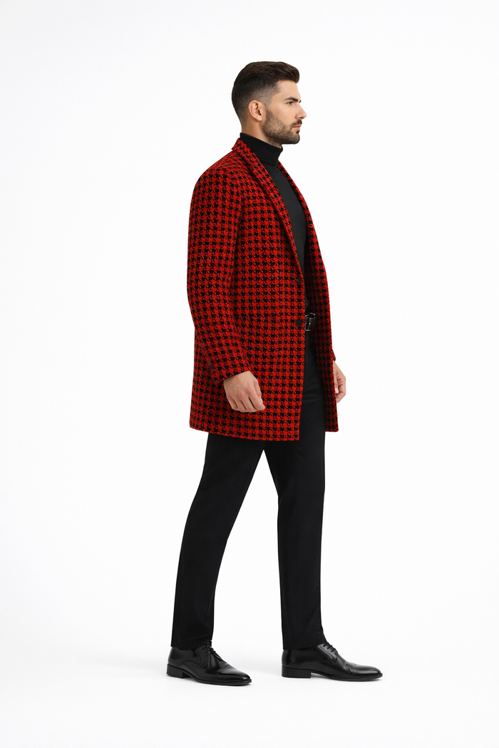 Men Houndstooth Lapel Collar Single Breasted Tweed Overcoat Black and Red