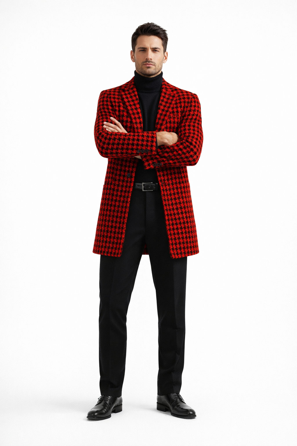 Men Houndstooth Lapel Collar Single Breasted Tweed Overcoat Black and Red