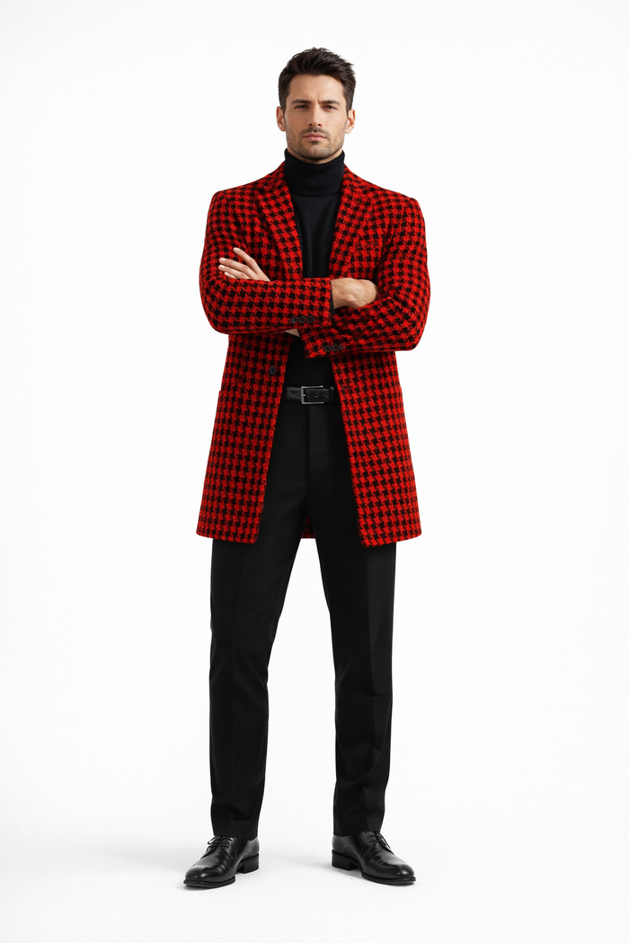 Men Houndstooth Lapel Collar Single Breasted Tweed Overcoat Black and Red
