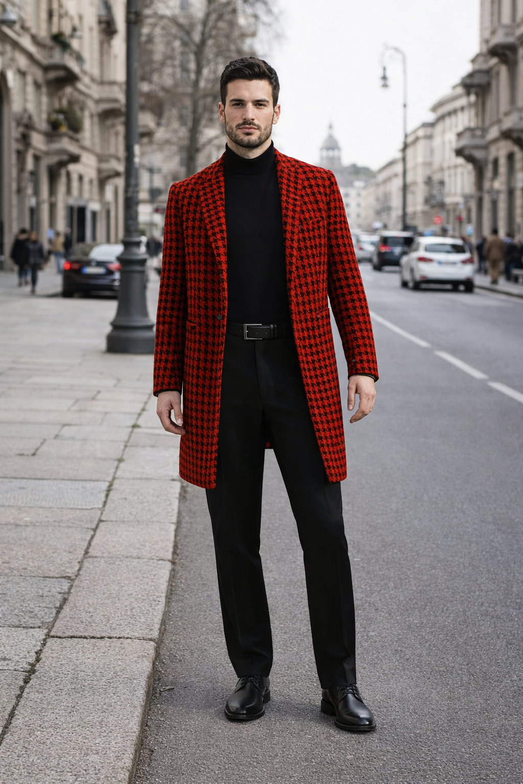 Men Houndstooth Lapel Collar Single Breasted Tweed Overcoat Black and Red