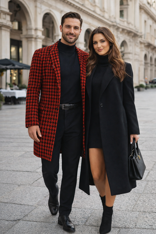 Men Houndstooth Lapel Collar Single Breasted Tweed Overcoat Black and Red