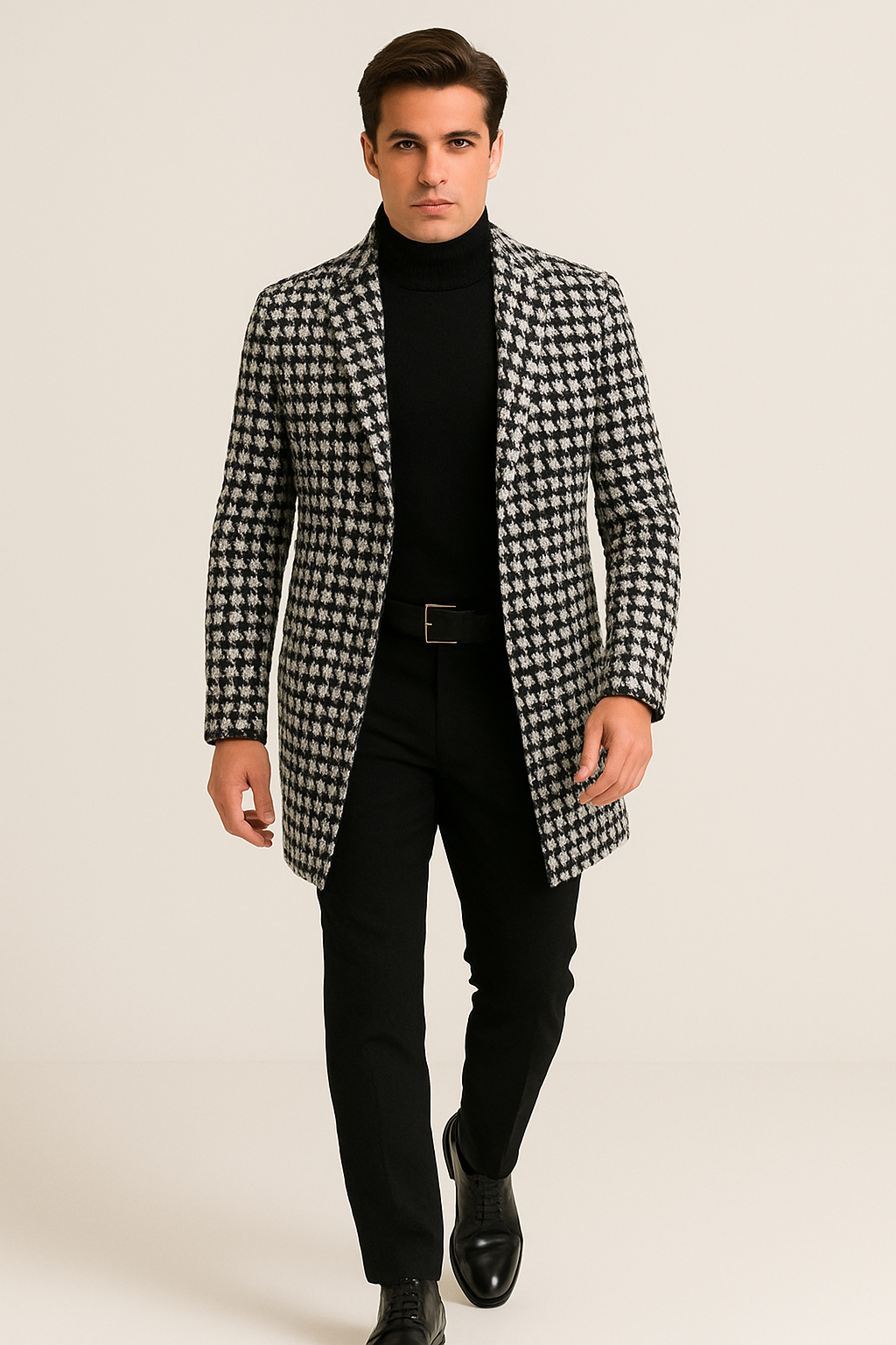 Men Houndstooth Lapel Collar Single Breasted Tweed Overcoat - Coat Size 38