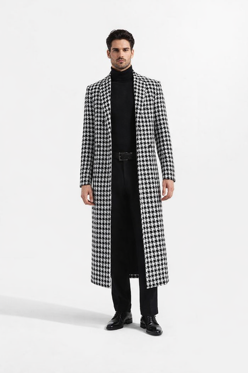 Men Houndstooth Lapel Collar Tweed Overcoat Three Quarter or Full Length Wool Fabric