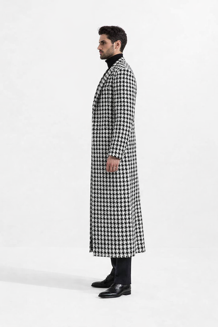 Men Houndstooth Lapel Collar Tweed Overcoat Three Quarter or Full Length Wool Fabric