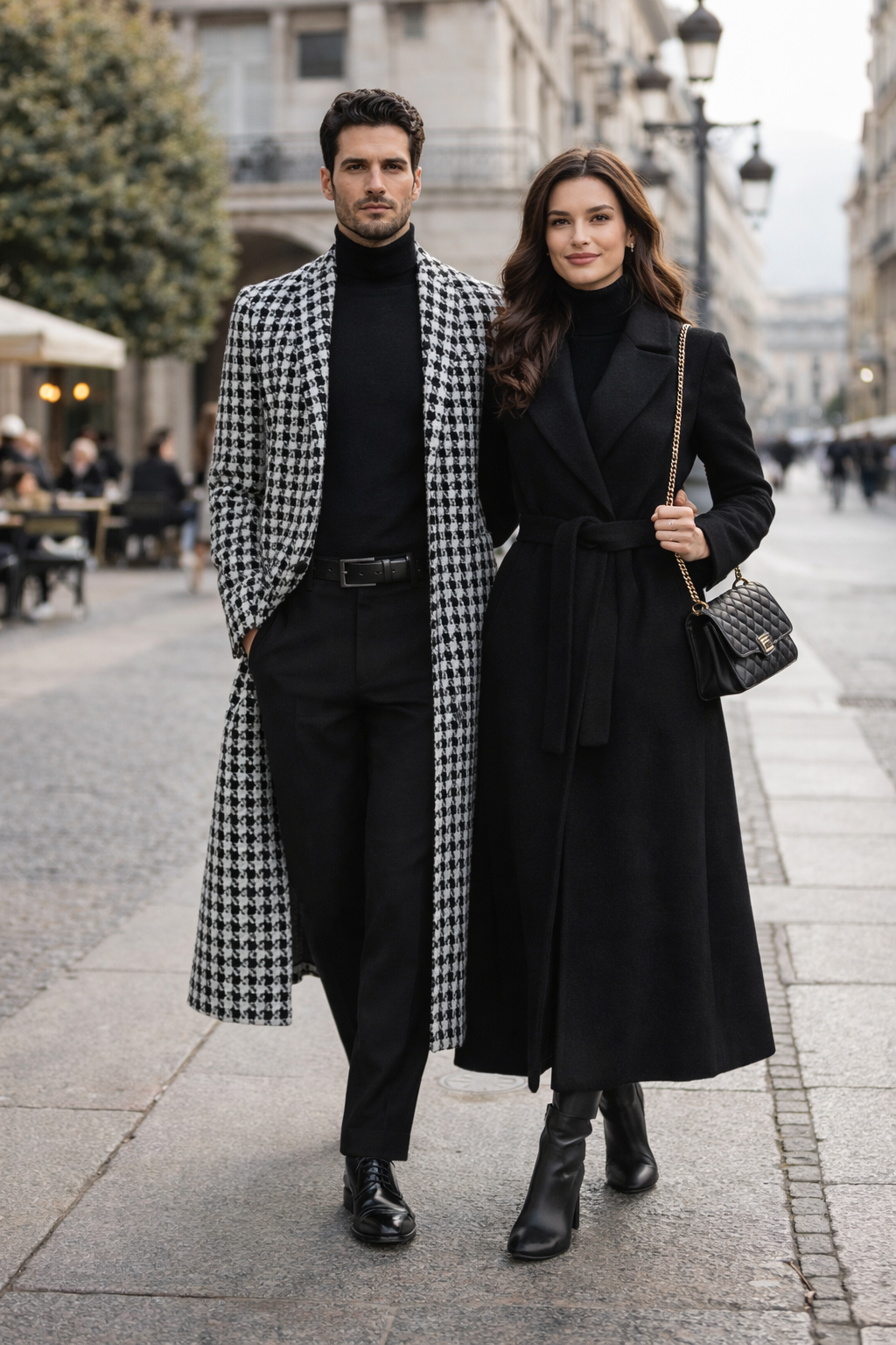 Men Houndstooth Lapel Collar Tweed Overcoat Three Quarter or Full Length Wool Fabric