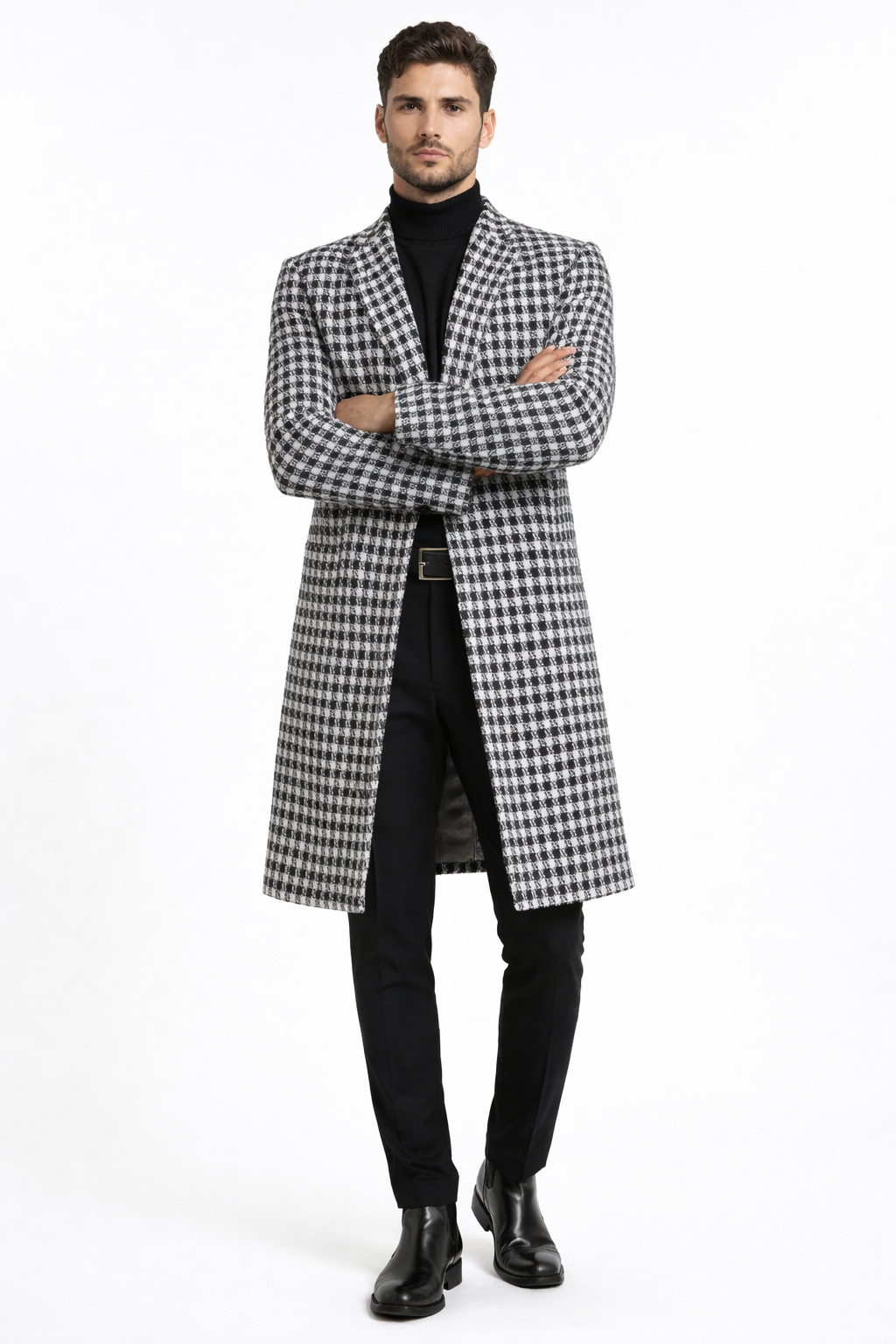 Men Houndstooth Lapel Collar Tweed Overcoat Three Quarter or Full Length Wool Fabric