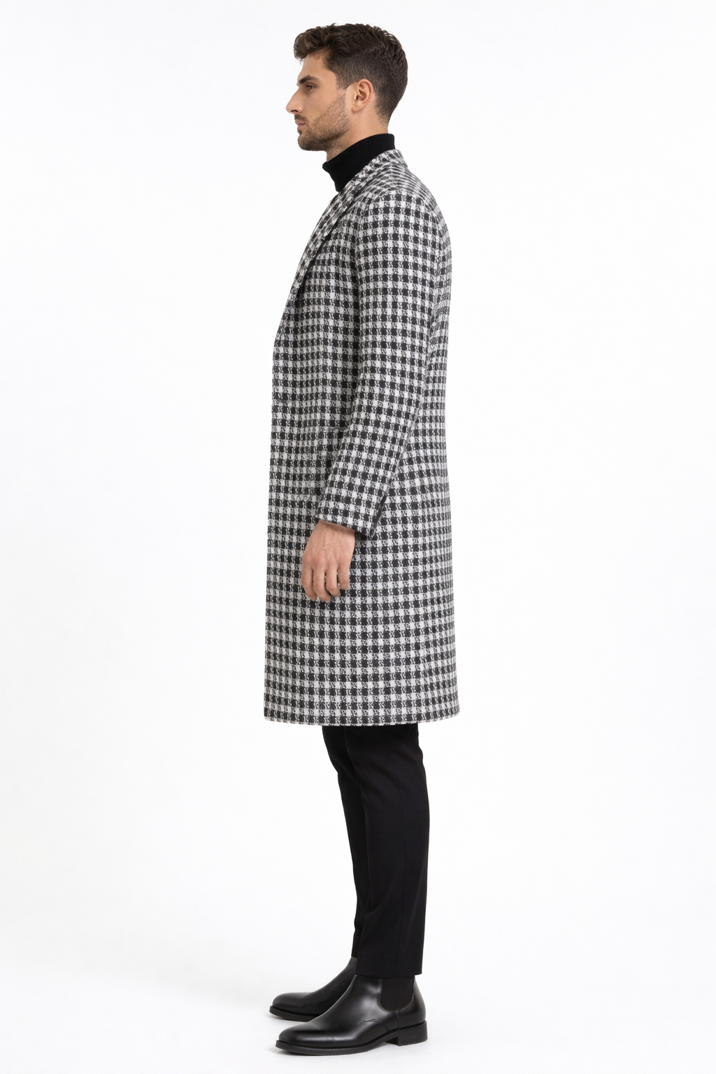 Men Houndstooth Lapel Collar Tweed Overcoat Three Quarter or Full Length Wool Fabric - Coat Size 38