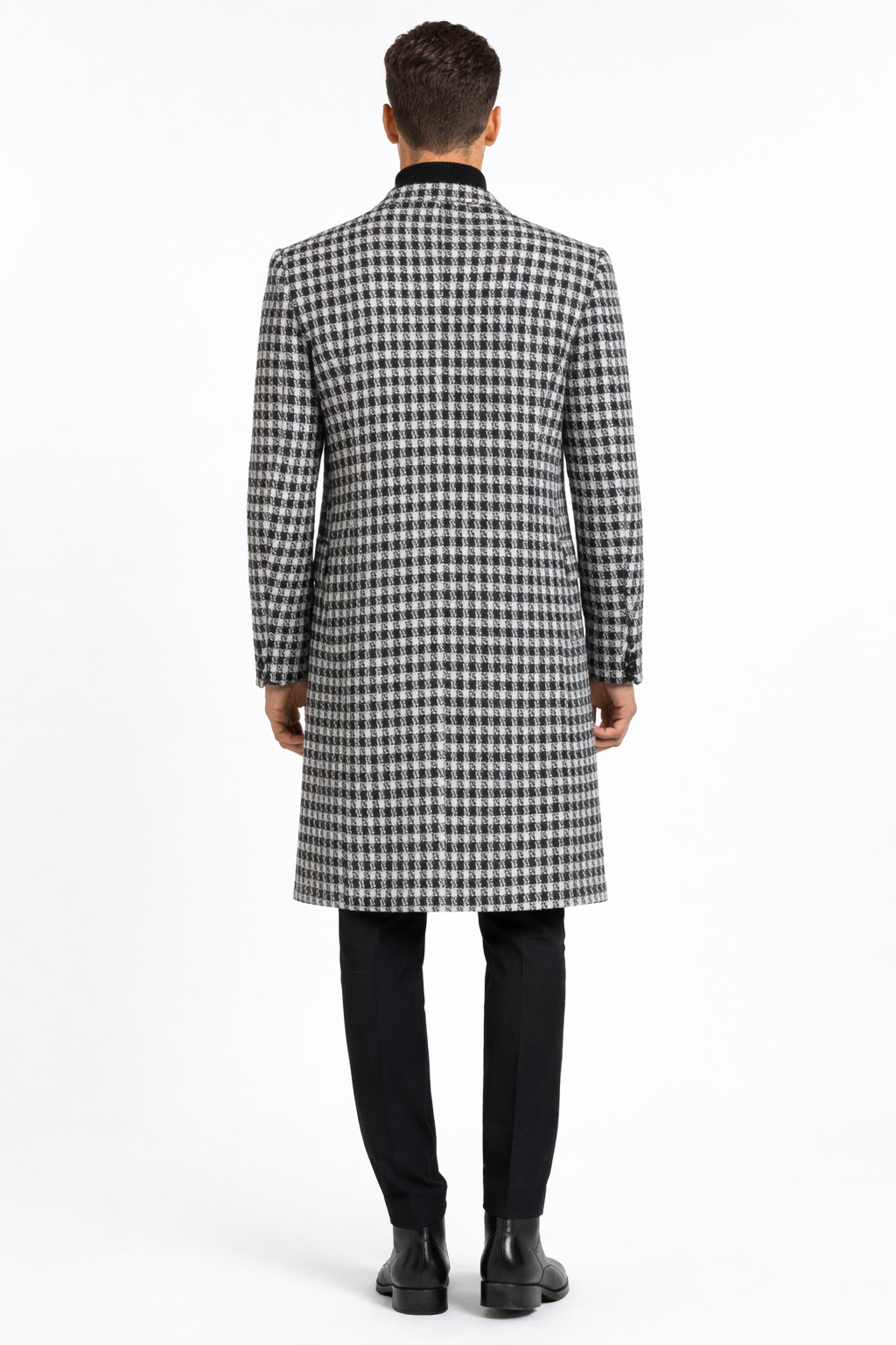 Men Houndstooth Lapel Collar Tweed Overcoat Three Quarter or Full Length Wool Fabric