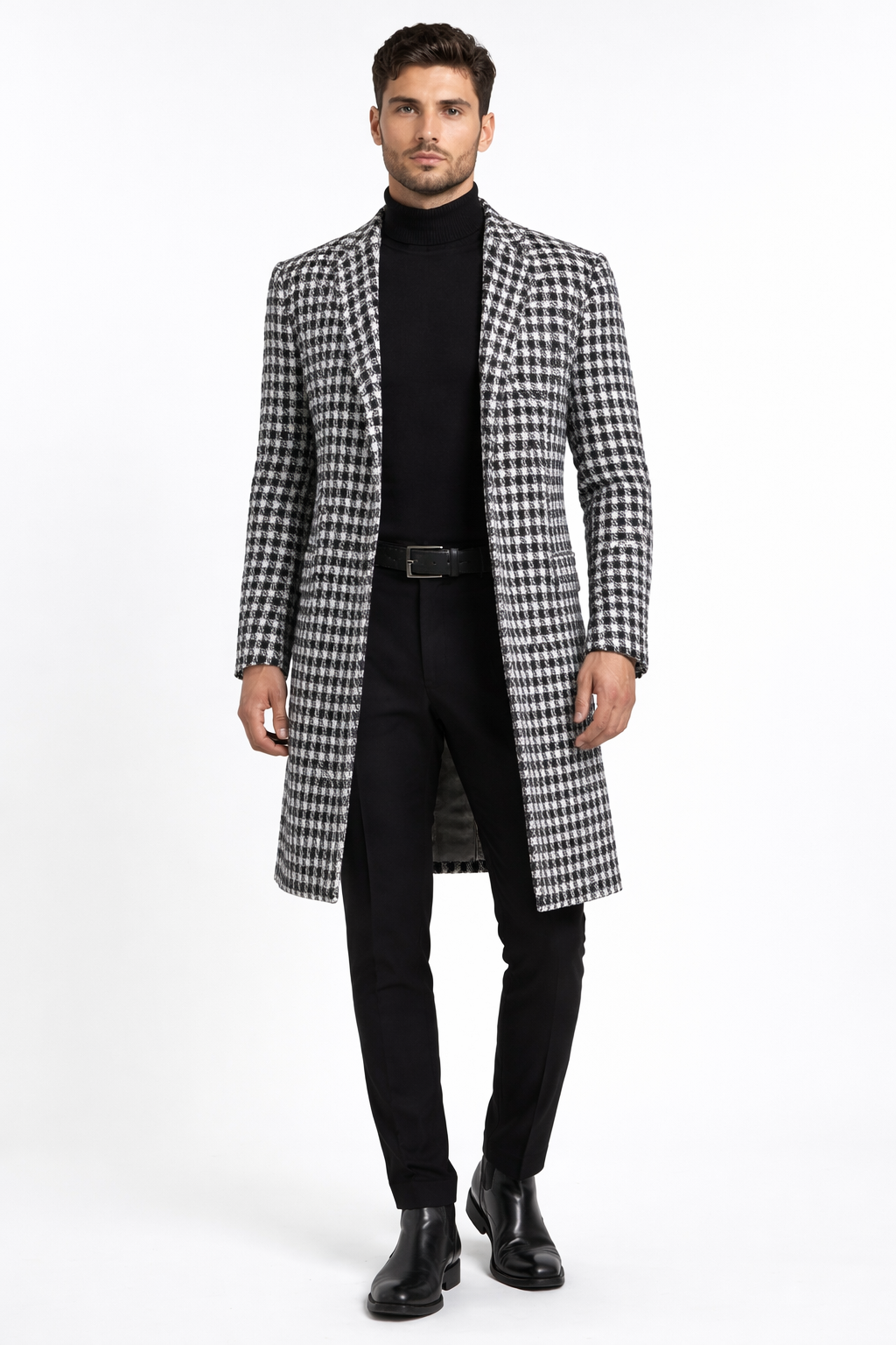 Men Houndstooth Lapel Collar Tweed Overcoat Three Quarter or Full Length Wool Fabric - Coat Size 38