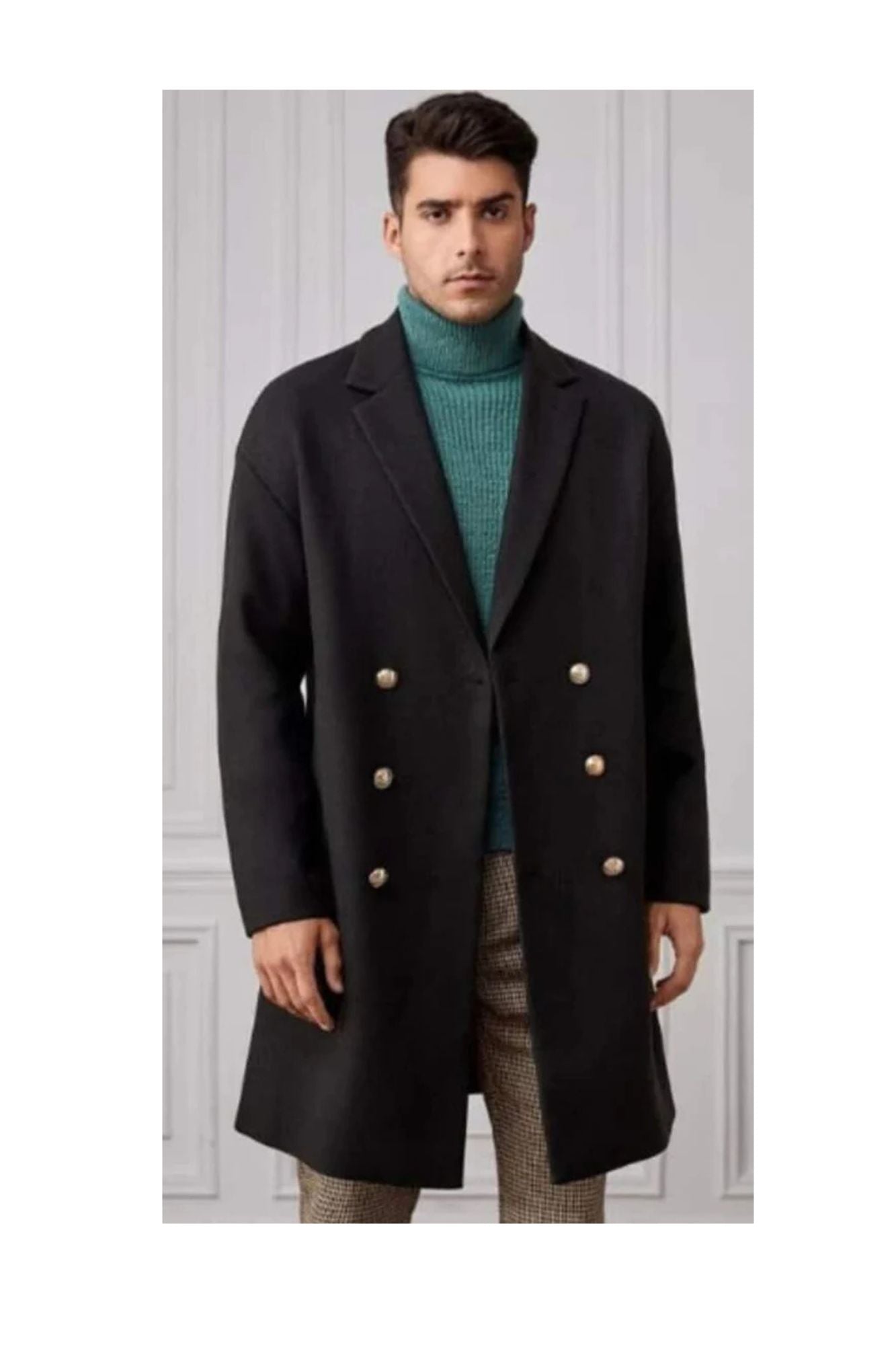 Men Lapel Collar Double Breasted Overcoat - Coat Size 38