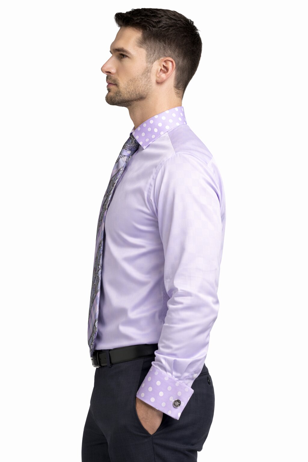Polka Dot French Cuffed Matching Shirt & Tie Combo Lavender Set Men's Dress Shirt - Large 16.5" Neck / 36-37" Sleeve