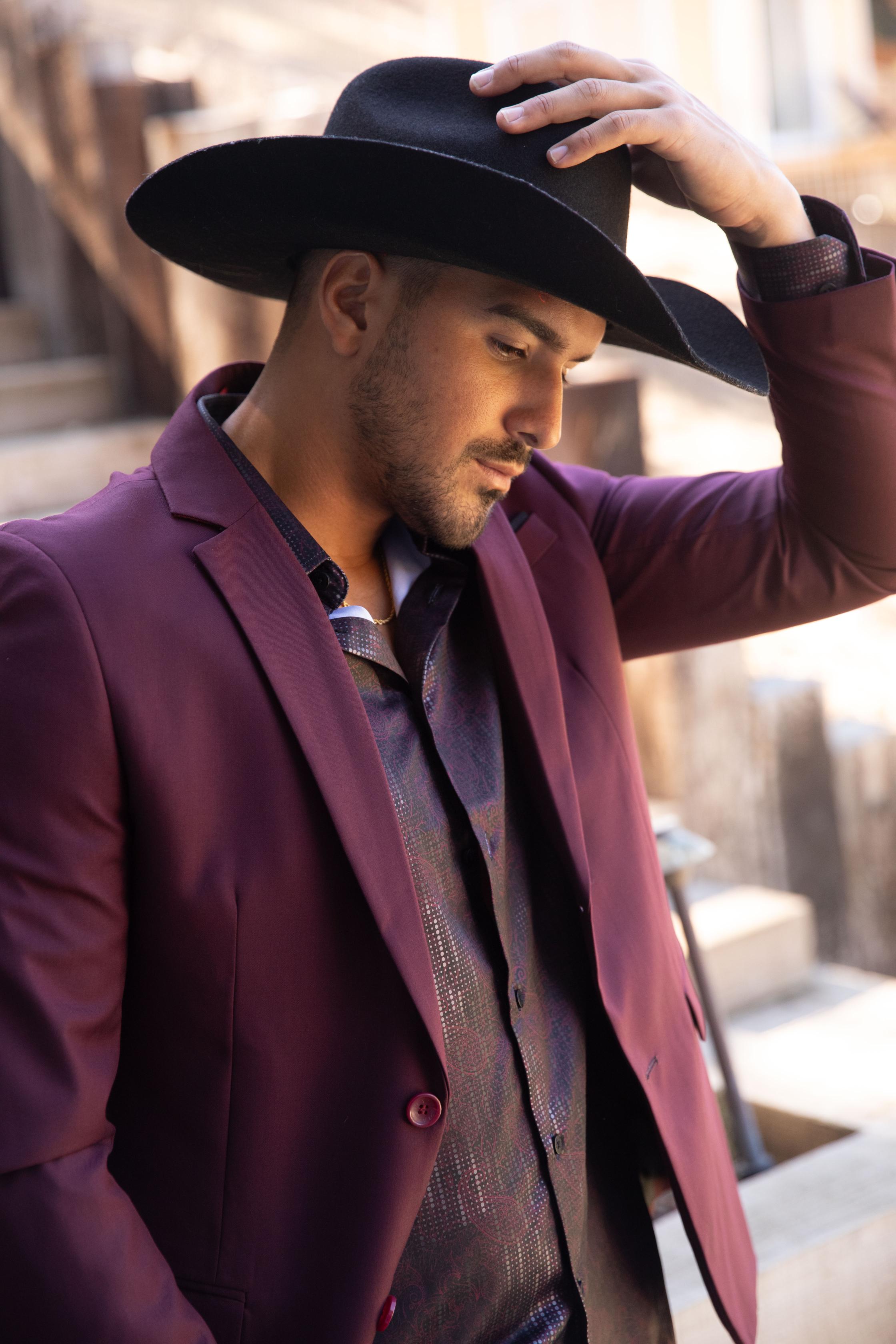 Burgundy Western Cowboy Blazer - Mens Modern Fit Stretch Date Night Burgundy Blazer - 36 Short