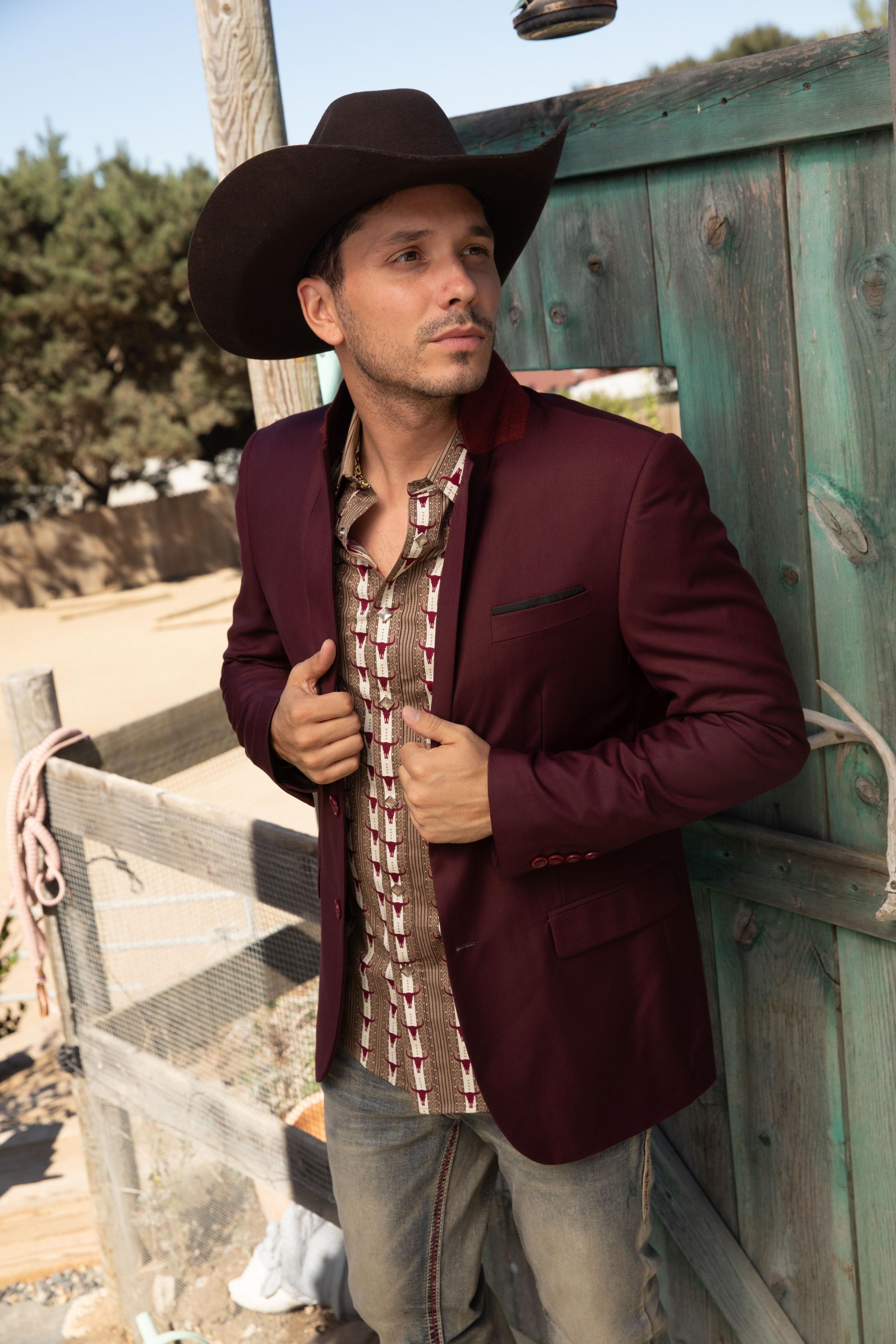 Burgundy Western Cowboy Blazer - Mens Modern Fit Stretch Date Night Burgundy Blazer - 36 Short