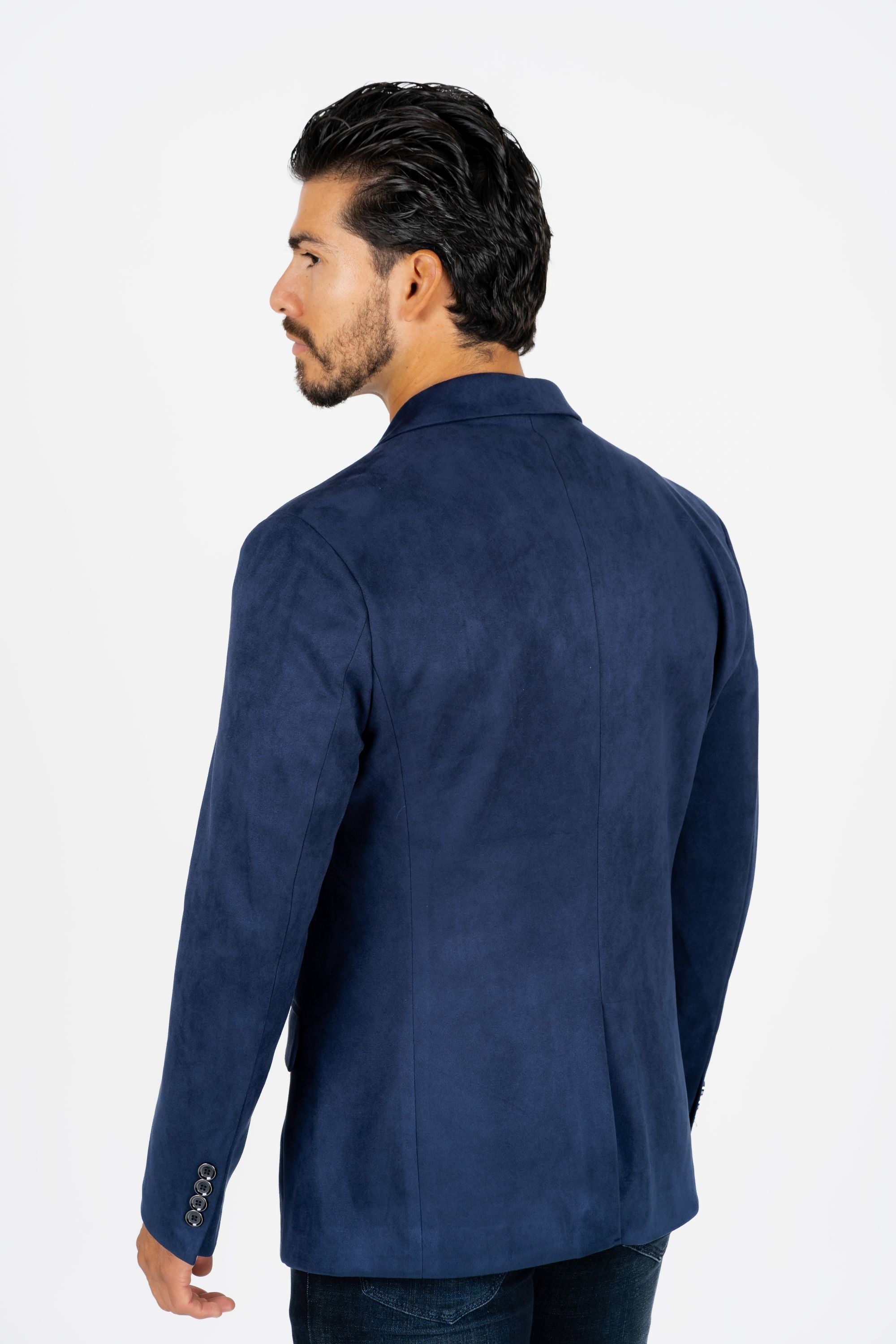 Men’s Elegant Navy Faux Suede Double-Breasted Blazer - S