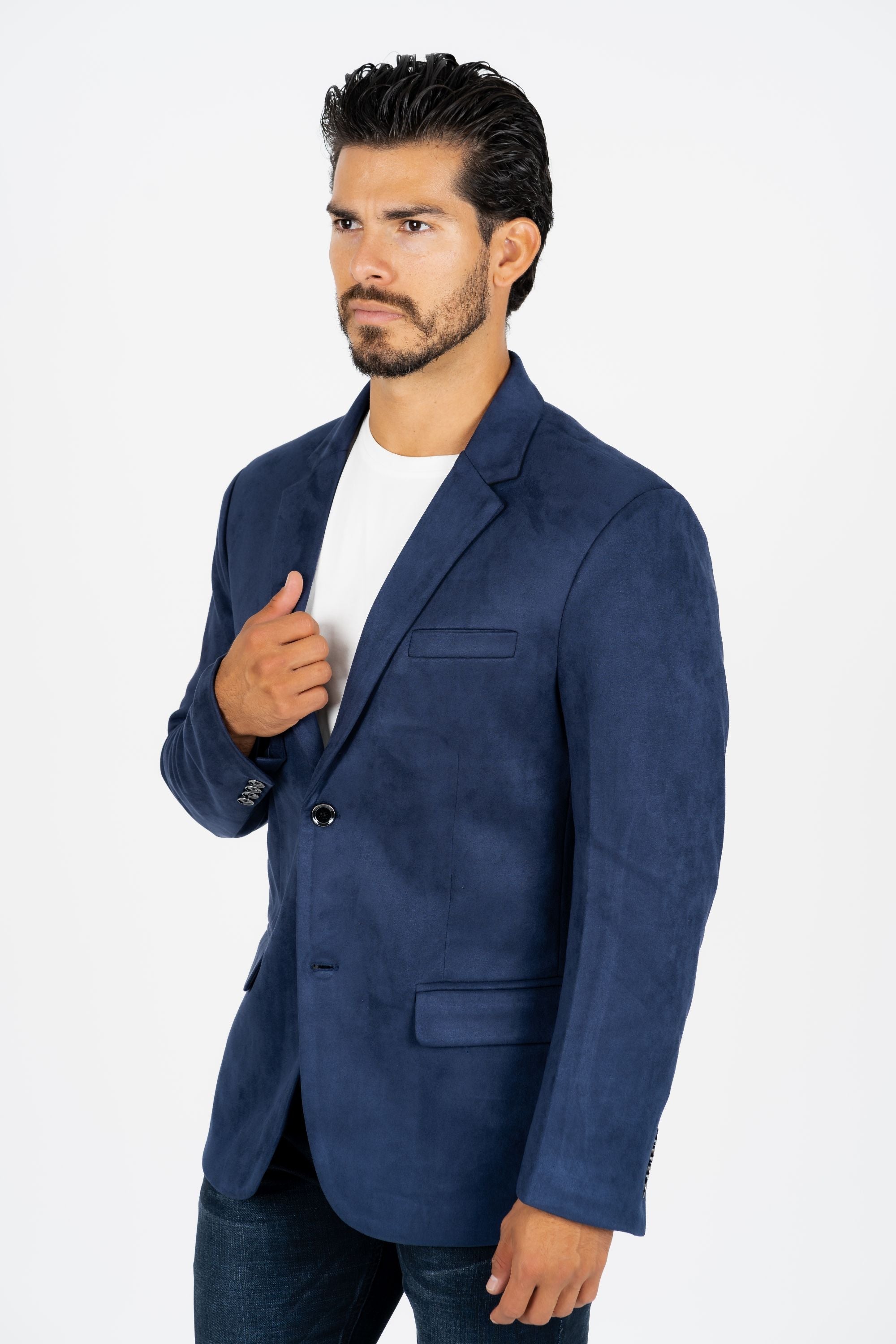 Men’s Elegant Navy Faux Suede Double-Breasted Blazer - S