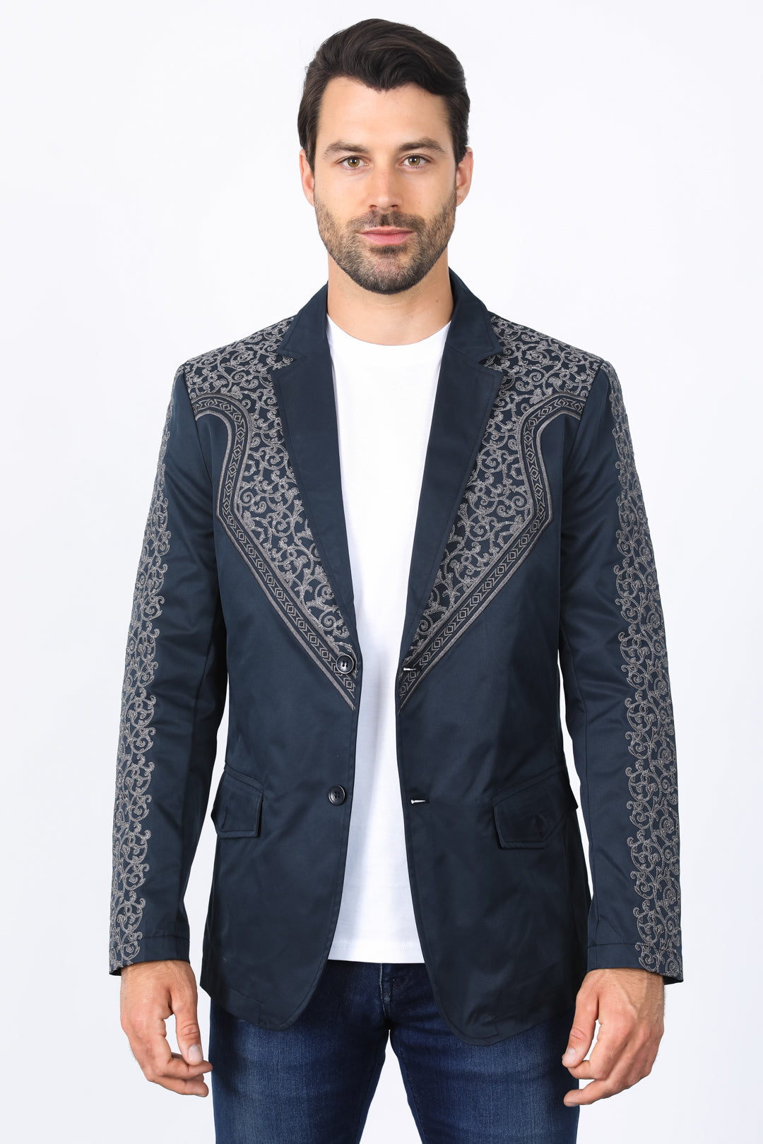 Men’s Navy Fashion Blazer with Embroidery – Smart Casual Dress Jacket - S