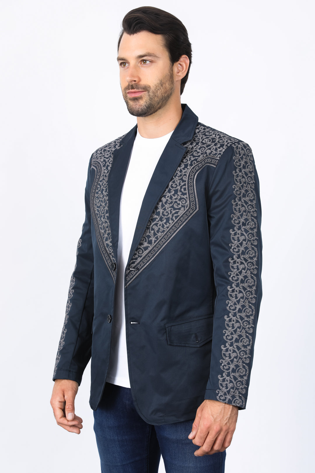 Men’s Navy Fashion Blazer with Embroidery – Smart Casual Dress Jacket - S