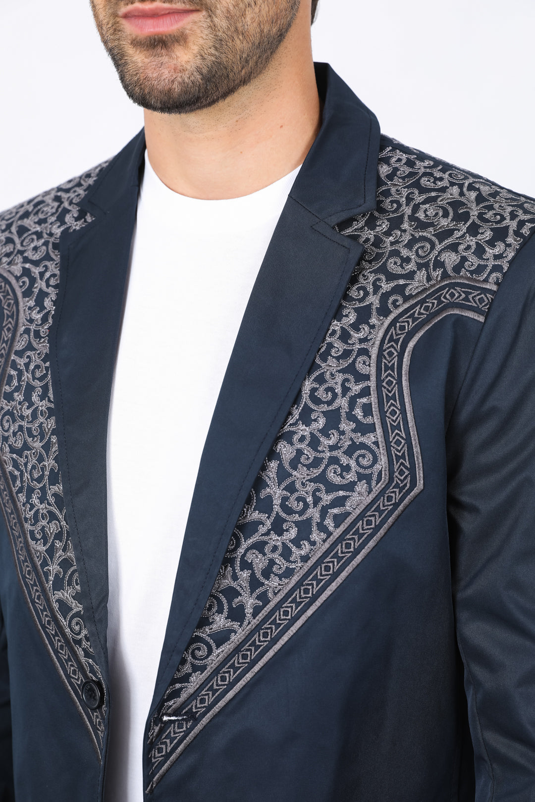 Men’s Navy Fashion Blazer with Embroidery – Smart Casual Dress Jacket - S