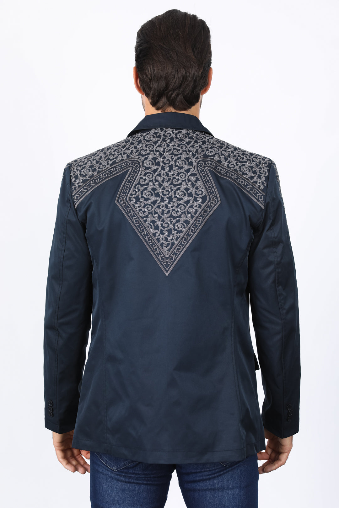 Men’s Navy Fashion Blazer with Embroidery – Smart Casual Dress Jacket - S