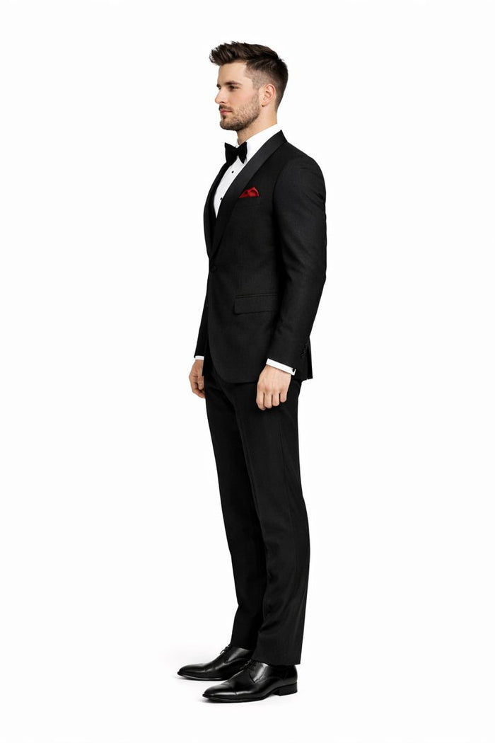 Men One Button Floral All Black Tuxedo with Shawl Lapel 3 Piece-New Designer Collection