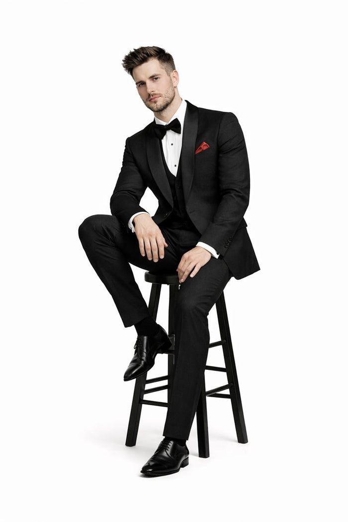 Men One Button Floral All Black Tuxedo with Shawl Lapel 3 Piece-New Designer Collection