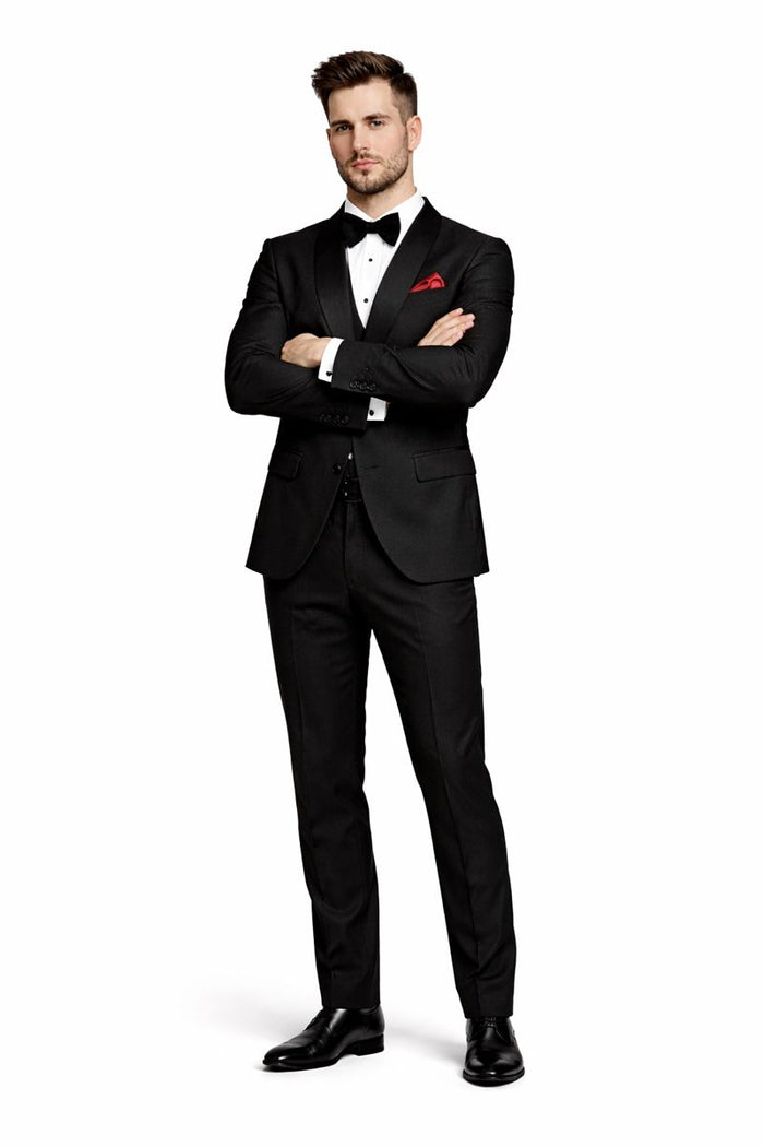 Men One Button Floral All Black Tuxedo with Shawl Lapel 3 Piece-New Designer Collection