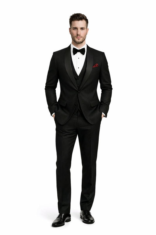 Men One Button Floral All Black Tuxedo with Shawl Lapel – 3 Piece-New Designer Collection