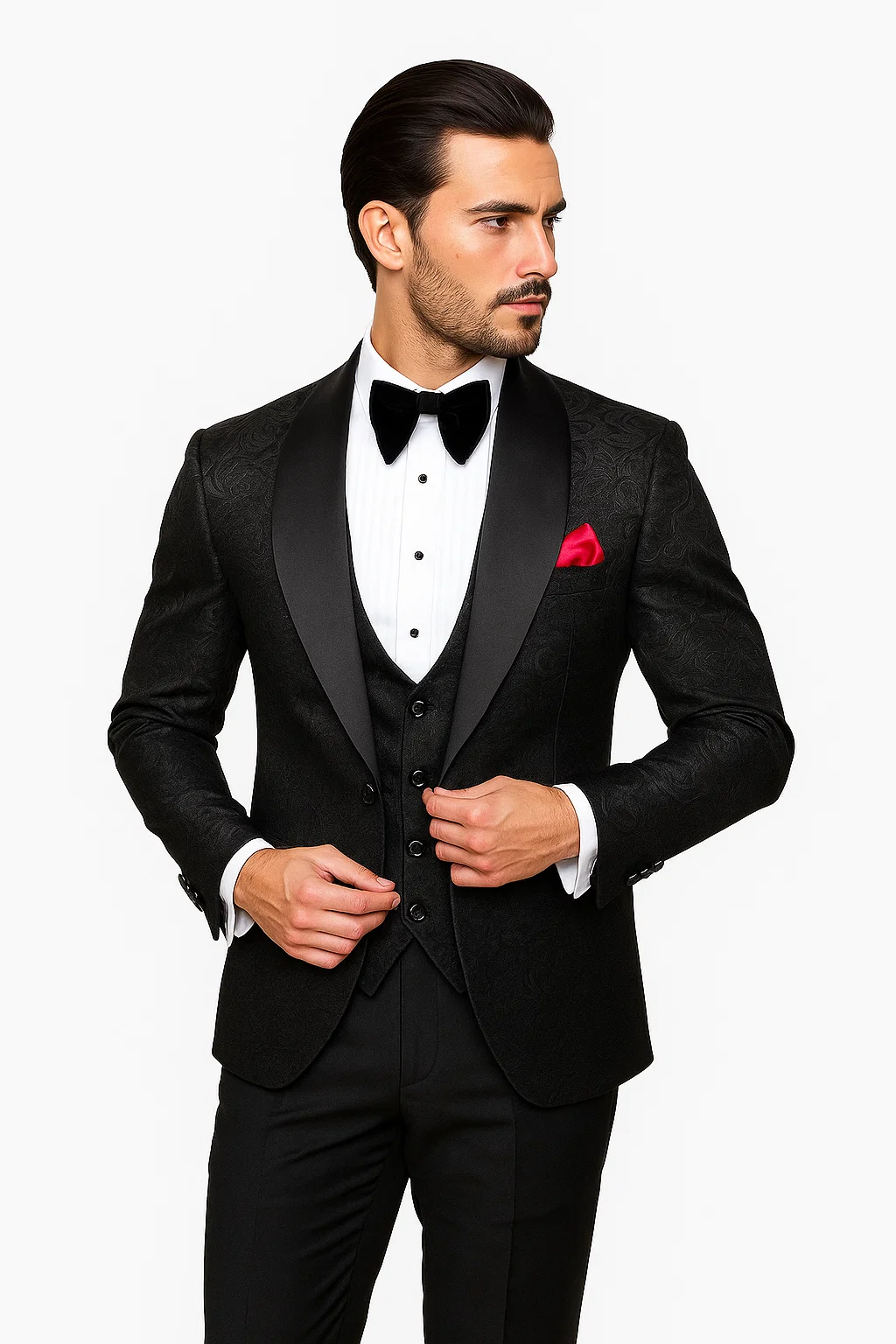 Men One Button Floral All Black Tuxedo with Shawl Lapel – 3 Piece