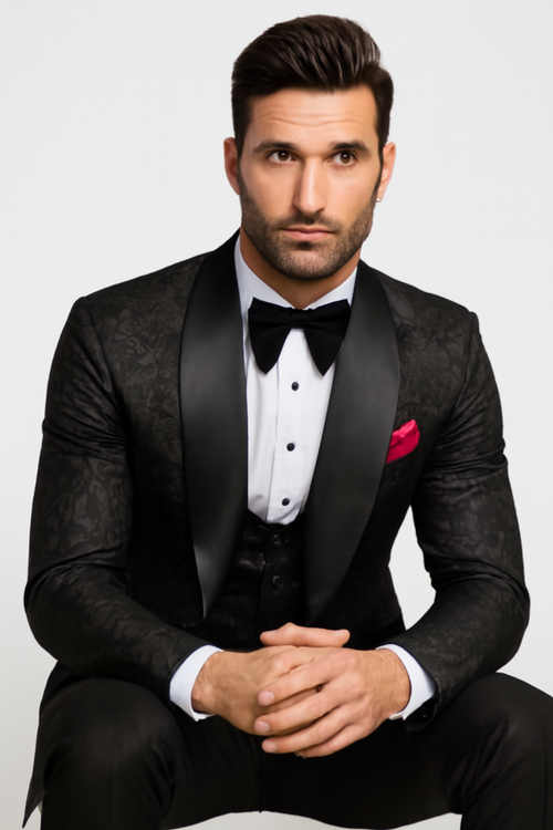 Men One Button Floral All Black Tuxedo with Shawl Lapel – 3 Piece