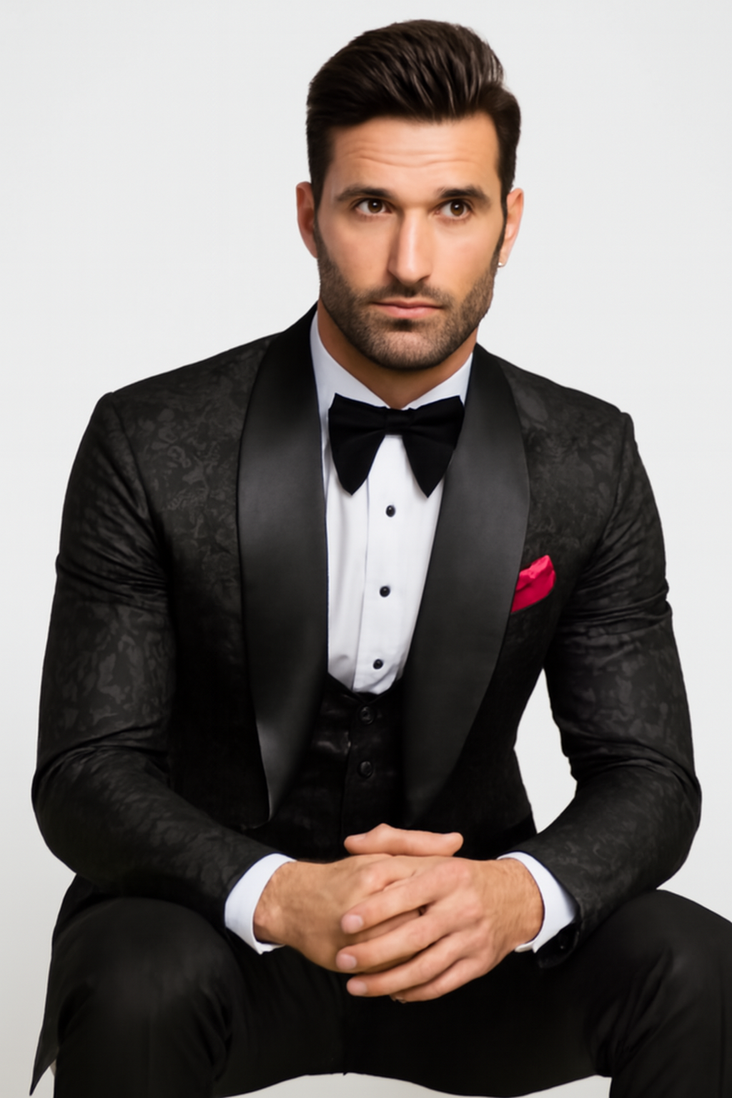 Men One Button Floral All Black Tuxedo with Shawl Lapel – 3 Piece