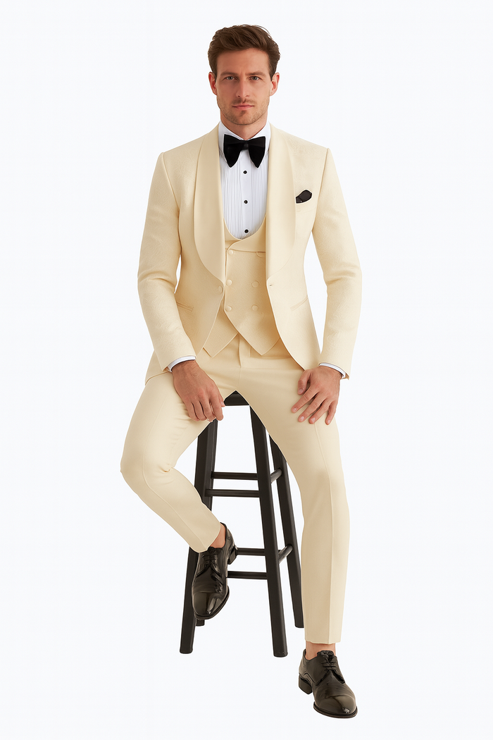 Men One Button Floral All Champagne Tuxedo 3 Piece-New Designer Collection