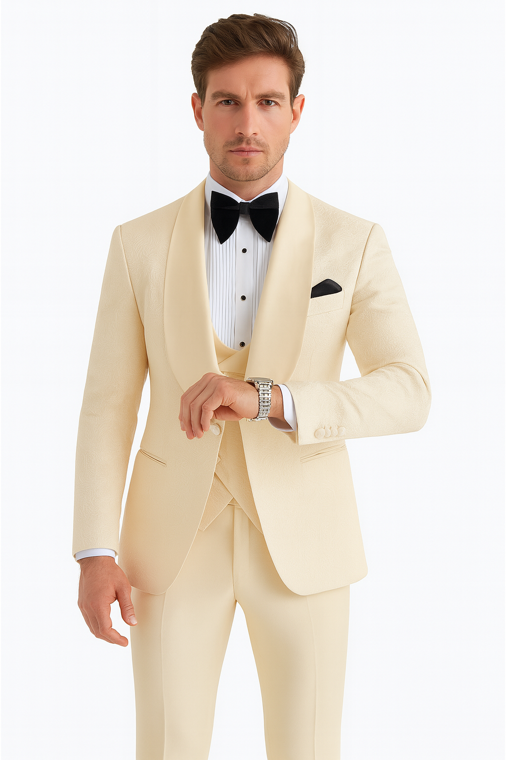 Men One Button Floral All Champagne Tuxedo 3 Piece-New Designer Collection - 58 Regular