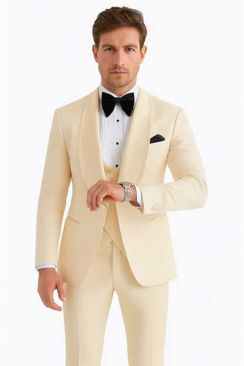 Men One Button Floral All Champagne Tuxedo 3 Piece-New Designer Collection