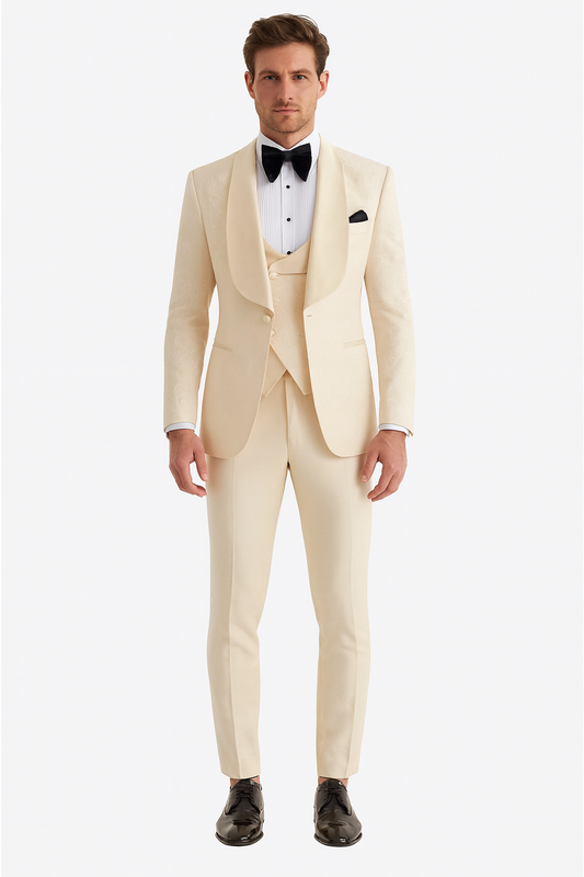 Men One Button Floral All Champagne Tuxedo – 3 Piece-New Designer Collection