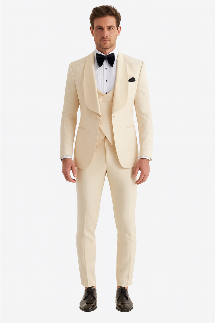Men One Button Floral All Champagne Tuxedo 3 Piece-New Designer Collection